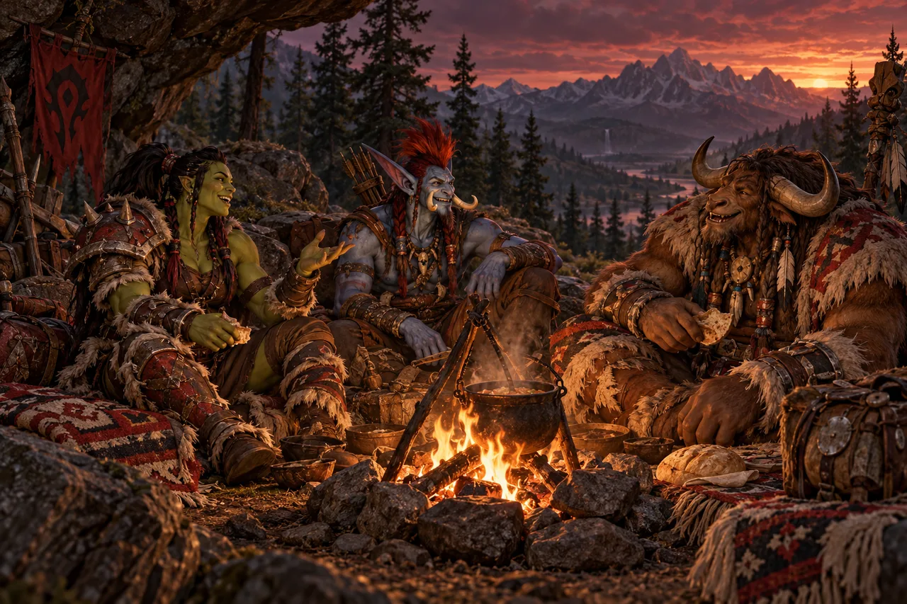 Horde guildmates laugh together around a mountain campfire.